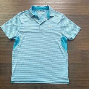 UNDER ARMOUR Striped Polo Shirt Mens Sz Large Blue White Golf